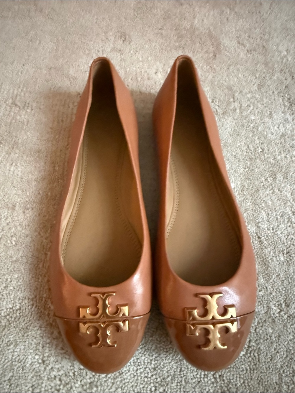 Tory Burch Tan Leather Logo Cap-Toe Ballet Flats